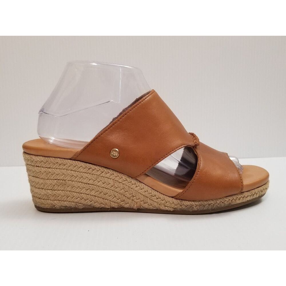 UGG Eirene Wedge Espadrille Slide Sandals Tan Brown Leather Womens Size 8.5
